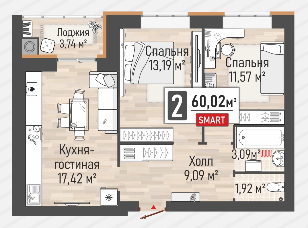 Двухкомнатная квартира в Рязани площадью 60.02м2